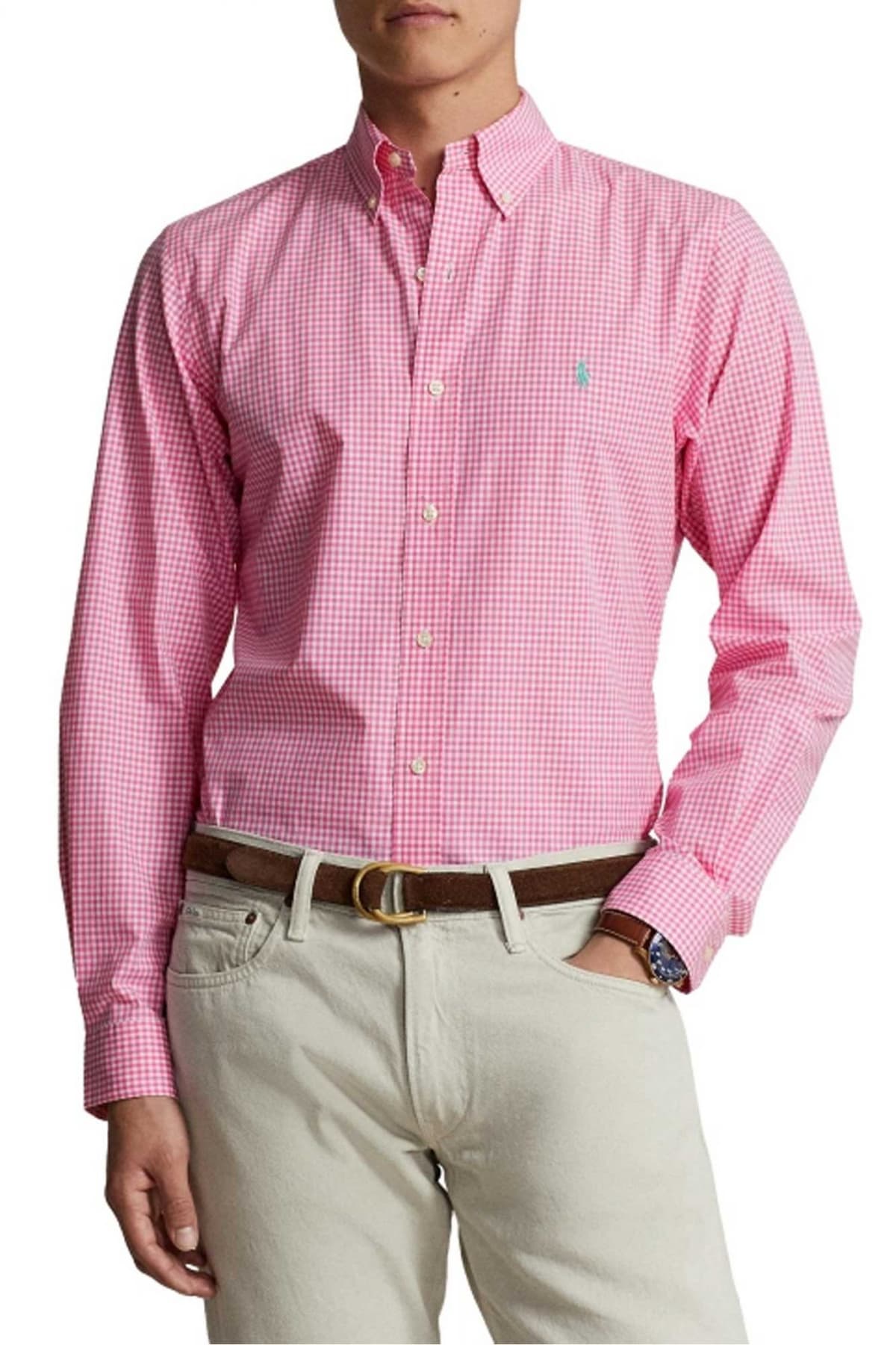 RALPH LAUREN ΠΟΥΚΑΜΙΣΟ ΚΑΡΩ BUTTON DOWN CUSTOM FIT ΡΟΖ-ΛΕΥΚΟ