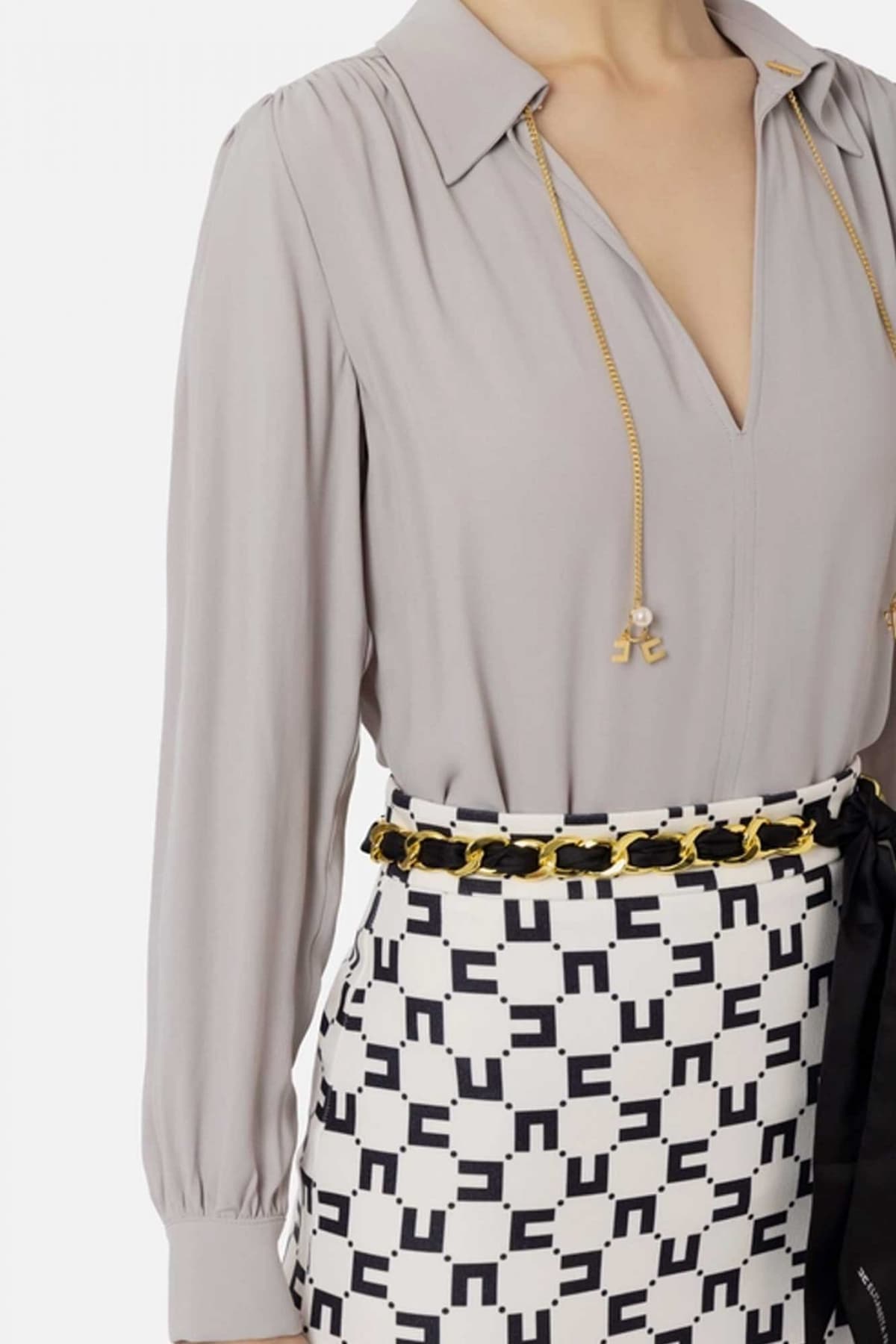 ELISABETTA FRANCHI ΜΠΛΟΥΖΑ V-NECK ΑΛΥΣΙΔΑ LOGO ΓΚΡΙ