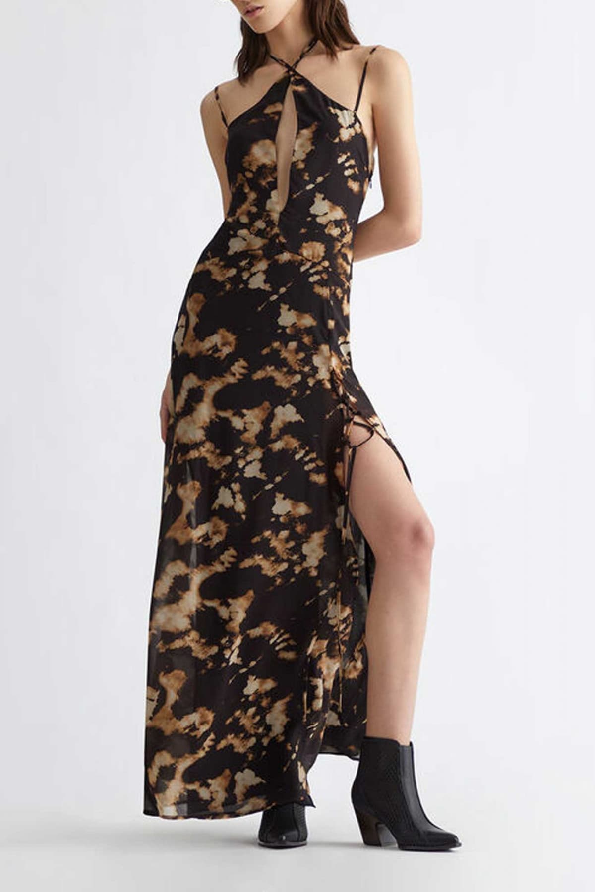 LIU JO GEORGETTE ΦΟΡΕΜΑ MAXI ALL OVER PRINT ΑΝΟΙΓΜΑ ΜΑΥΡΟ-ΜΠΕΖ