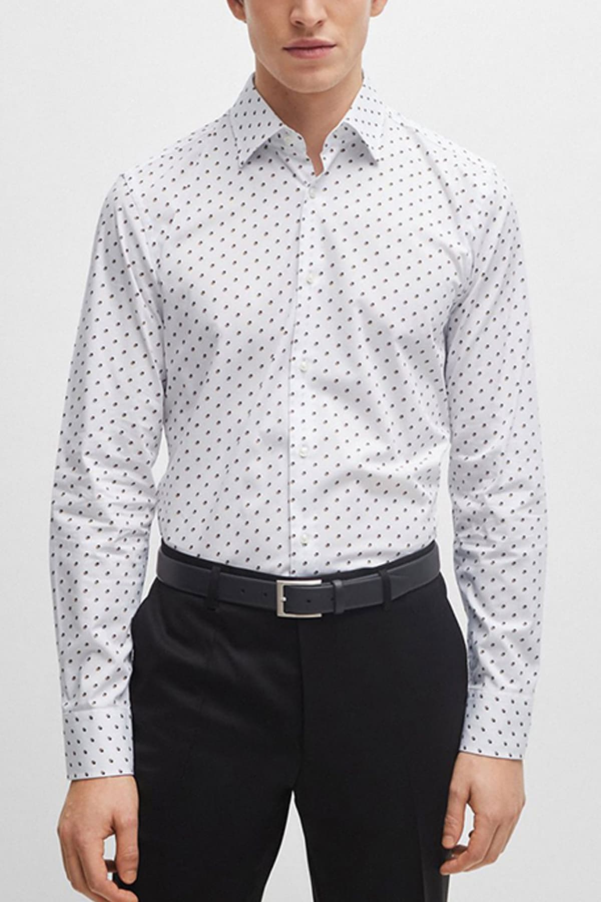 BOSS ΠΟΥΚΑΜΙΣΟ ΜΙΚΡΟΣΧΕΔΙΟ SLIM FIT STRETCH H-HANK-KENT-C1-214 ΛΕΥΚΟ