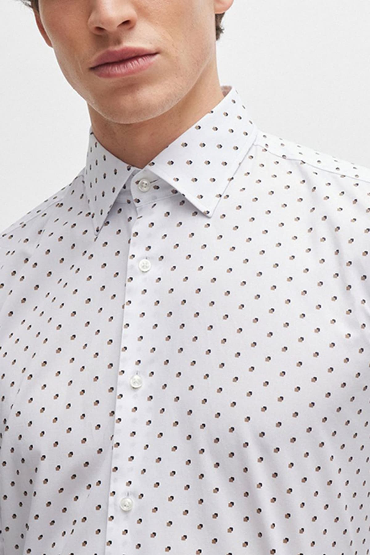 BOSS ΠΟΥΚΑΜΙΣΟ ΜΙΚΡΟΣΧΕΔΙΟ SLIM FIT STRETCH H-HANK-KENT-C1-214 ΛΕΥΚΟ