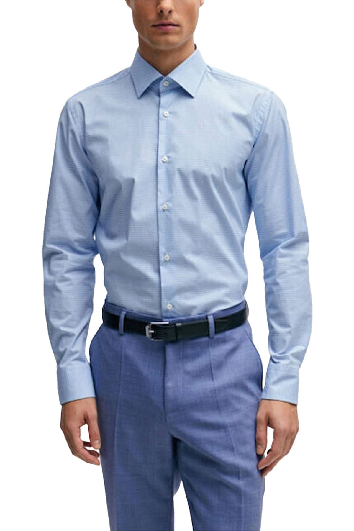 BOSS ΠΟΥΚΑΜΙΣΟ ΜΙΚΡΟΣΧΕΔΙΟ SLIM FIT STRETCH H-HANK-KENT-C1-214 ΣΙΕΛ-ΛΕΥΚΟ