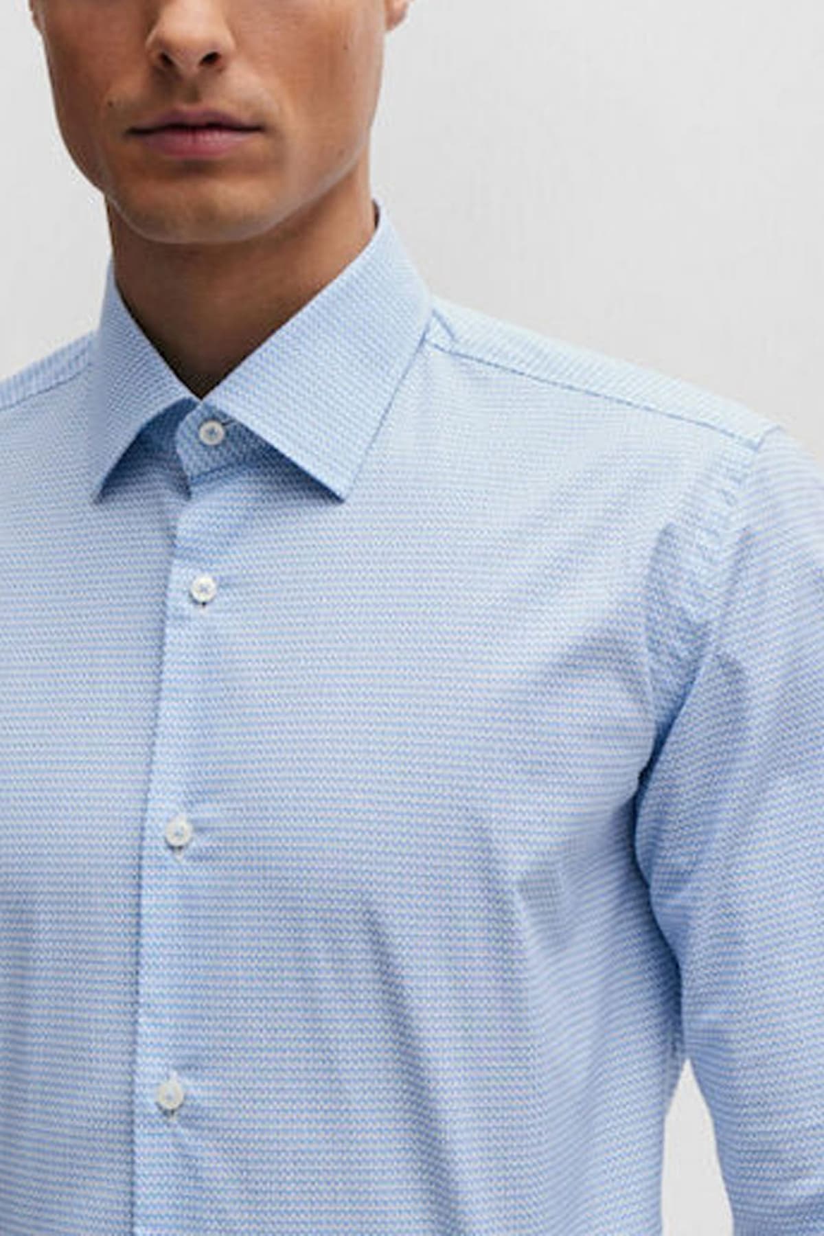 BOSS ΠΟΥΚΑΜΙΣΟ ΜΙΚΡΟΣΧΕΔΙΟ SLIM FIT STRETCH H-HANK-KENT-C1-214 ΣΙΕΛ-ΛΕΥΚΟ