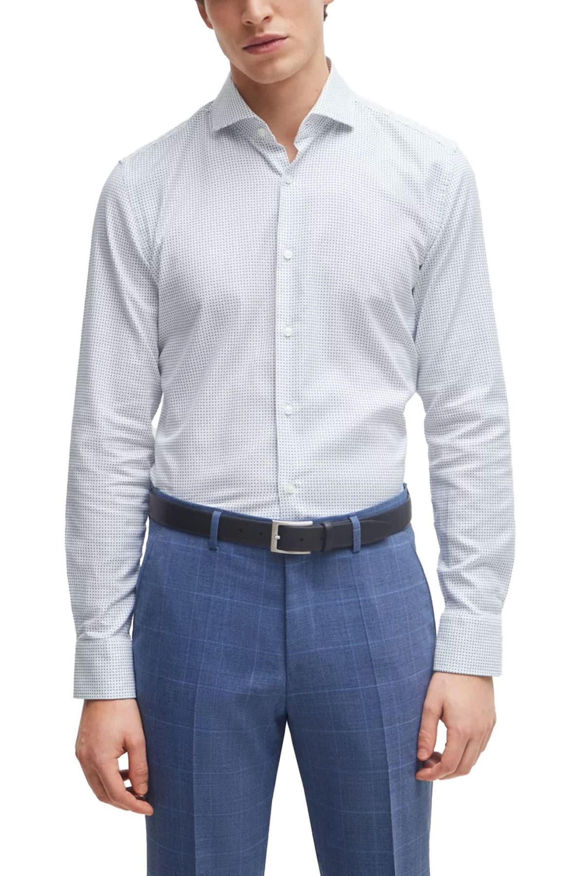 BOSS ΠΟΥΚΑΜΙΣΟ SLIM FIT STRETCH ΜΙΚΡΟΣΧΕΔΙΟ H-HANK-SPREAD-C1-222 ΛΕΥΚΟ-ΜΠΛΕ