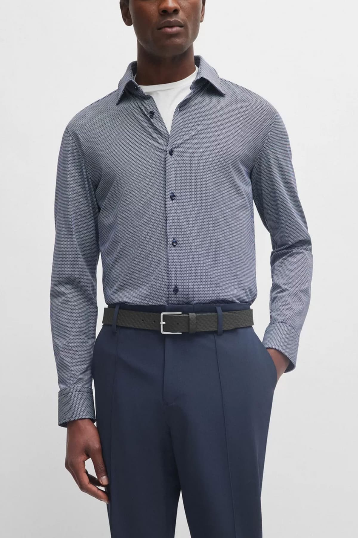 BOSS PERFORMANCE ΠΟΥΚΑΜΙΣΟ ΜΙΚΡΟΣΧΕΔΙΟ SLIM FIT P-HANK-KENT-C1-222 ΜΠΛΕ-ΛΕΥΚΟ