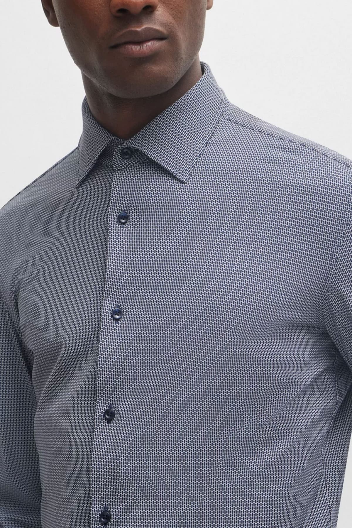 BOSS PERFORMANCE ΠΟΥΚΑΜΙΣΟ ΜΙΚΡΟΣΧΕΔΙΟ SLIM FIT P-HANK-KENT-C1-222 ΜΠΛΕ-ΛΕΥΚΟ