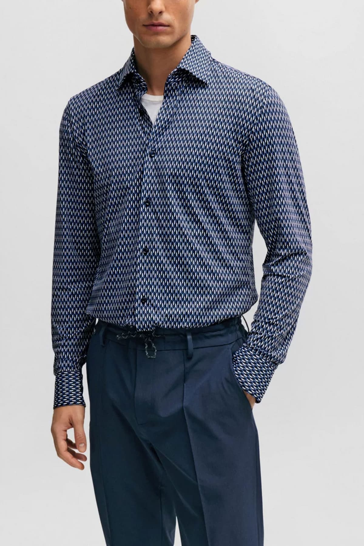 BOSS PERFORMANCE ΠΟΥΚΑΜΙΣΟ ΜΙΚΡΟΣΧΕΔΙΟ SLIM FIT P-HANK-KENT-C1-222 ΜΠΛΕ-ΛΕΥΚΟ-ΜΑΥΡΟ