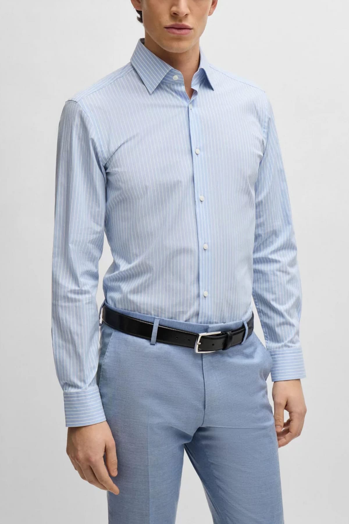 BOSS ΠΟΥΚΑΜΙΣΟ ΡΙΓΕ SLIM FIT EASY IRON H-HANK-KENT-C1-214 ΣΙΕΛ-ΛΕΥΚΟ