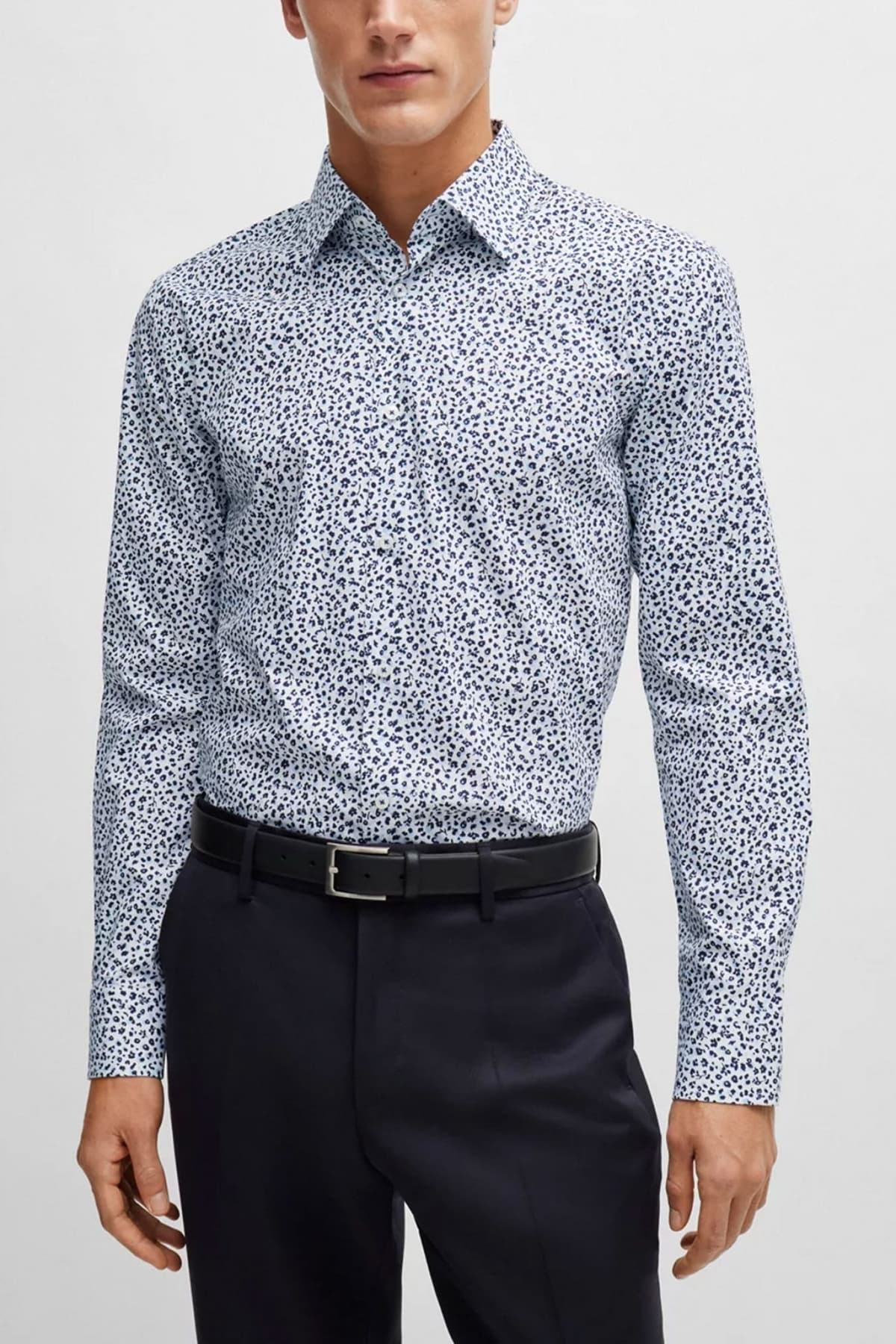 BOSS ΠΟΥΚΑΜΙΣΟ H-HANK-KENT-C1-214 SLIM FIT STRETCH ΦΛΟΡΑΛ ΛΕΥΚΟ-ΜΠΛΕ