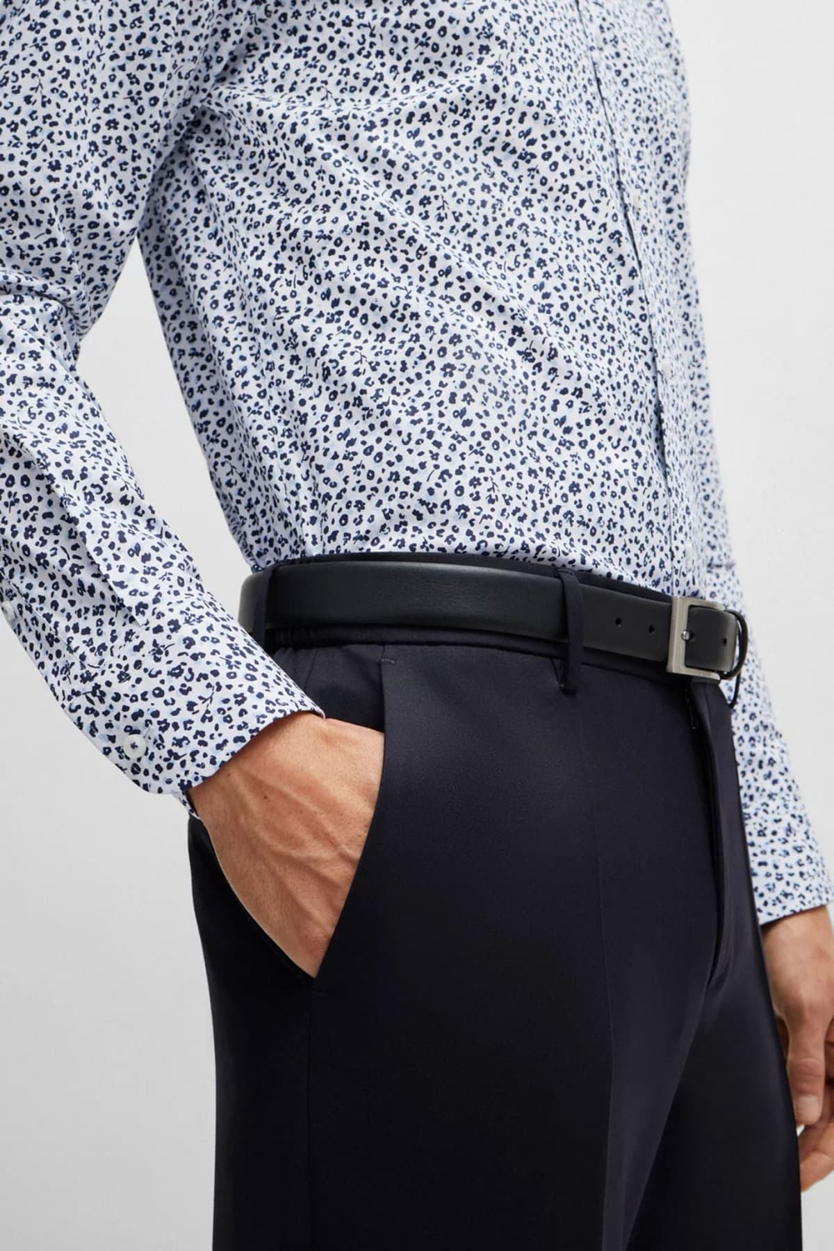 BOSS ΠΟΥΚΑΜΙΣΟ H-HANK-KENT-C1-214 SLIM FIT STRETCH ΦΛΟΡΑΛ ΛΕΥΚΟ-ΜΠΛΕ