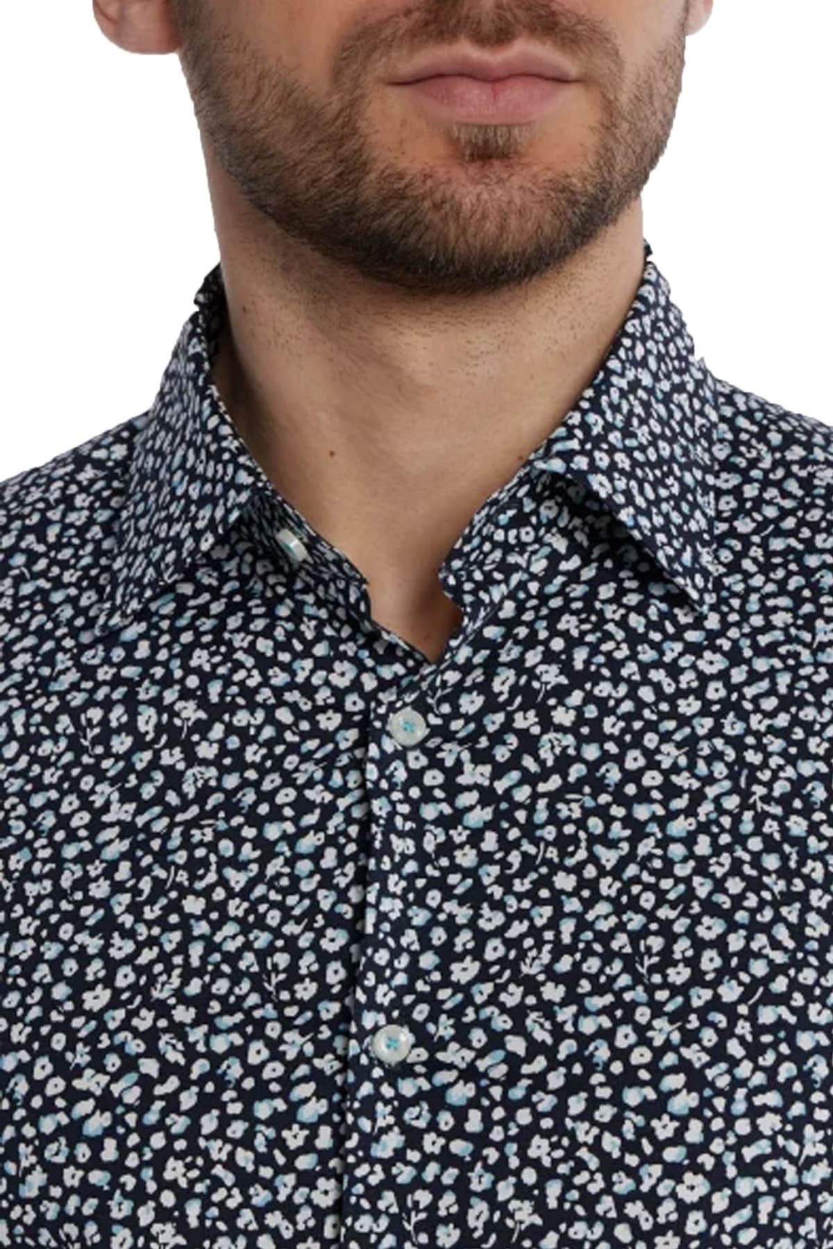 BOSS ΠΟΥΚΑΜΙΣΟ H-HANK-KENT-C1-214 SLIM FIT STRETCH ΦΛΟΡΑΛ ΜΠΛΕ-ΛΕΥΚΟ