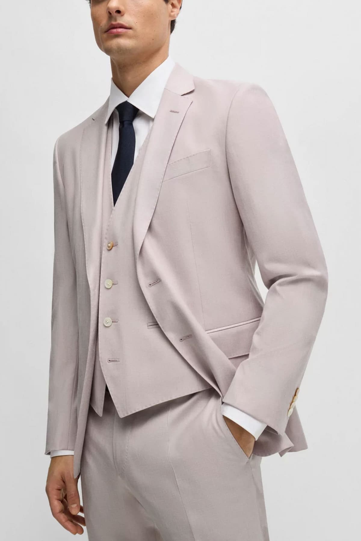 BOSS ΚΟΣΤΟΥΜΙ ΜΕ ΓΙΛΕΚΟ SLIM FIT H-HUGE-3PCS-232 LANIFICIO TESSE BIELLA STRETCH ΠΟΥΔΡΑ