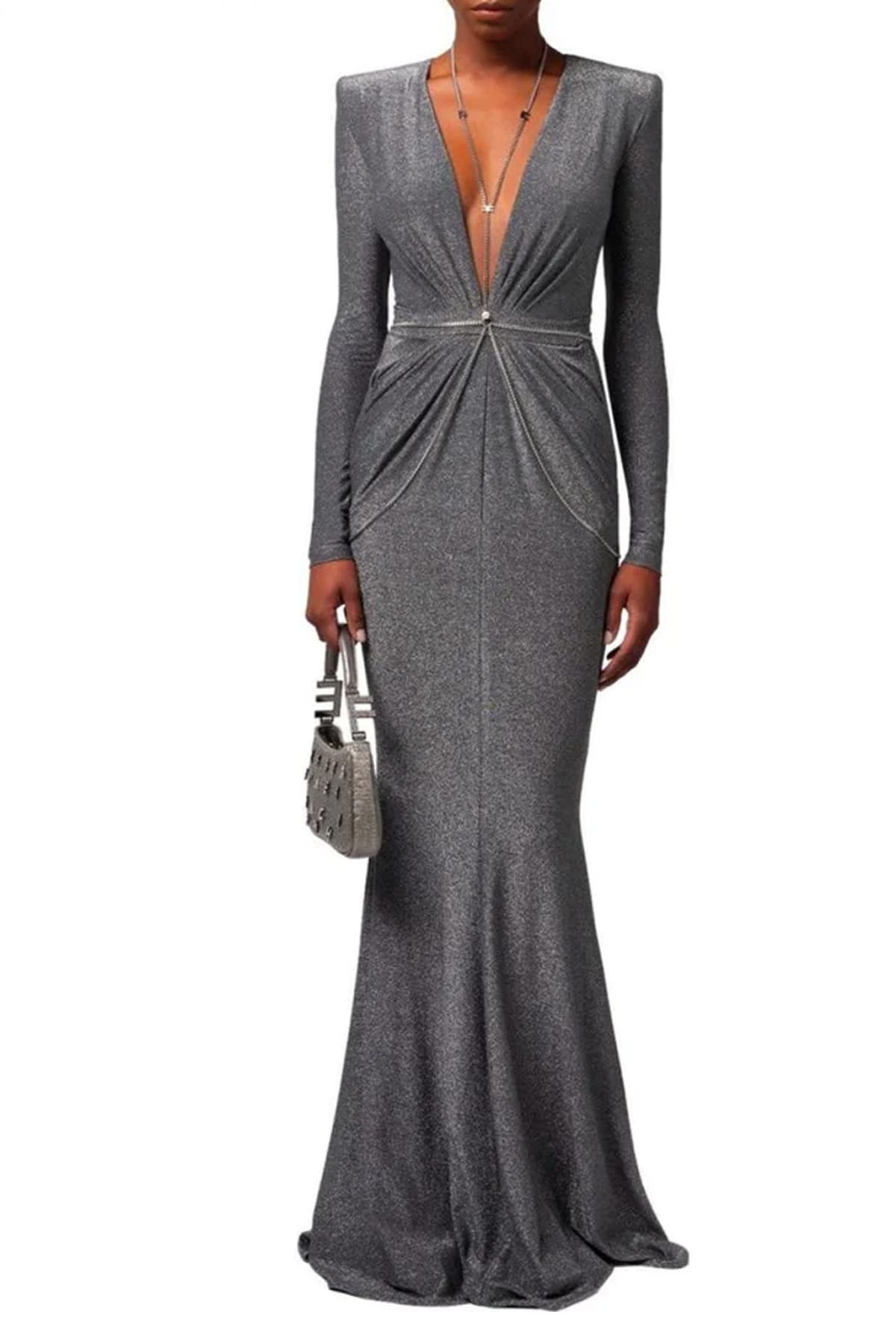 ELISABETTA FRANCHI RED CARPET ΦΟΡΕΜΑ MAXI ΒΑΤΕΣ ΤΣΕΠΕΣ ΑΛΥΣΙΔΑ ΣΩΜΑΤΟΣ ΜΕΤΑΛΛΙΖΕ ΓΚΡΙ