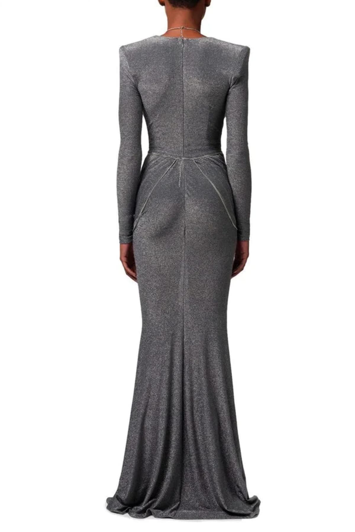 ELISABETTA FRANCHI RED CARPET ΦΟΡΕΜΑ MAXI ΒΑΤΕΣ ΤΣΕΠΕΣ ΑΛΥΣΙΔΑ ΣΩΜΑΤΟΣ ΜΕΤΑΛΛΙΖΕ ΓΚΡΙ