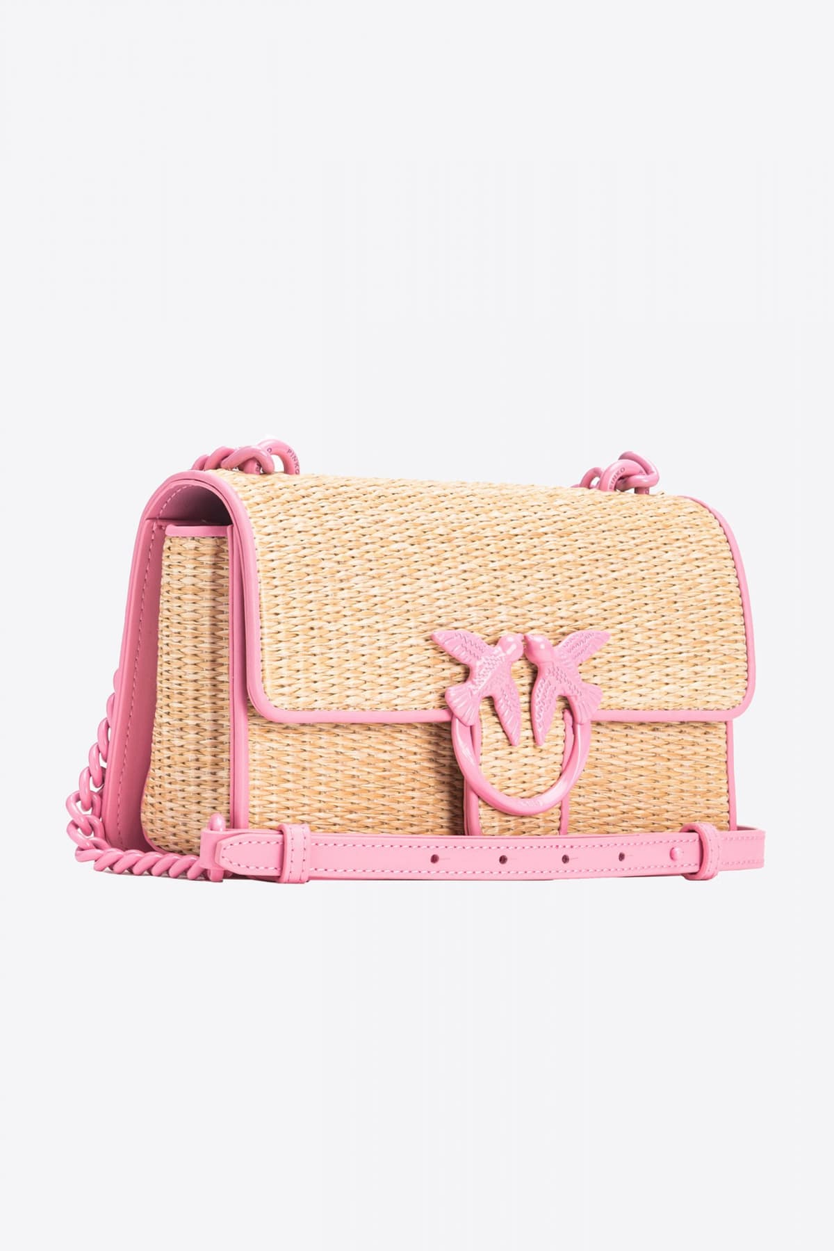 PINKO ΤΣΑΝΤΑ CROSS BODY/ MESSENGER LOVE ONE MINI LIGHT ΡΑΦΙΑ ΜΠΕΖ/ΡΟΖ