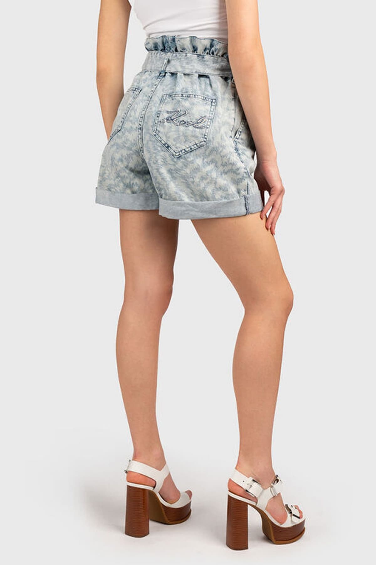 KARL LAGERFELD ΣΟΡΤΣ PAPERBAG DENIM SHORTS ΖΩΝΗ LOGO ΑΝΟΙΧΤΟ ΜΠΛΕ