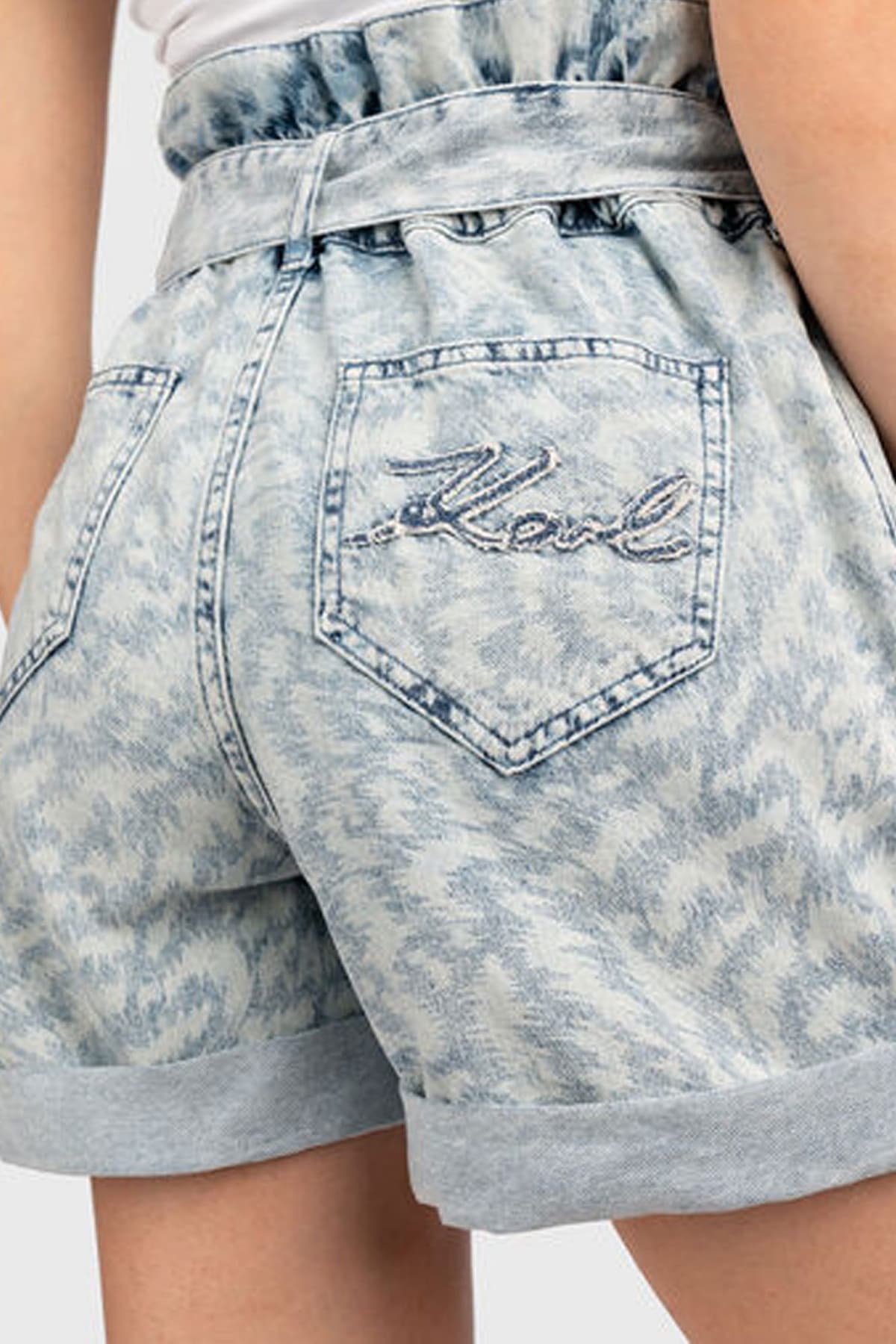 KARL LAGERFELD ΣΟΡΤΣ PAPERBAG DENIM SHORTS ΖΩΝΗ LOGO ΑΝΟΙΧΤΟ ΜΠΛΕ