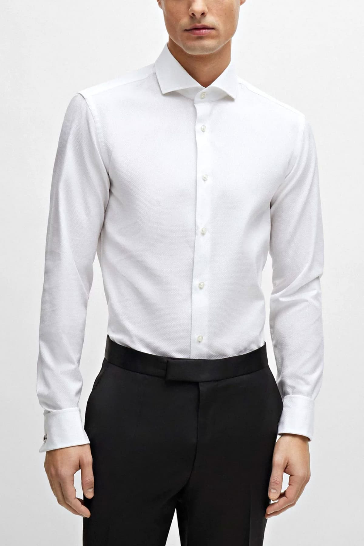 BOSS ΠΟΥΚΑΜΙΣΟ ΜΙΚΡΟΣΧΕΔΙΟ ΜΑΝΙΚΕΤΟΚΟΥΜΠΟ SLIM FIT H-HANK-SPREAD-DC-214 ΛΕΥΚΟ