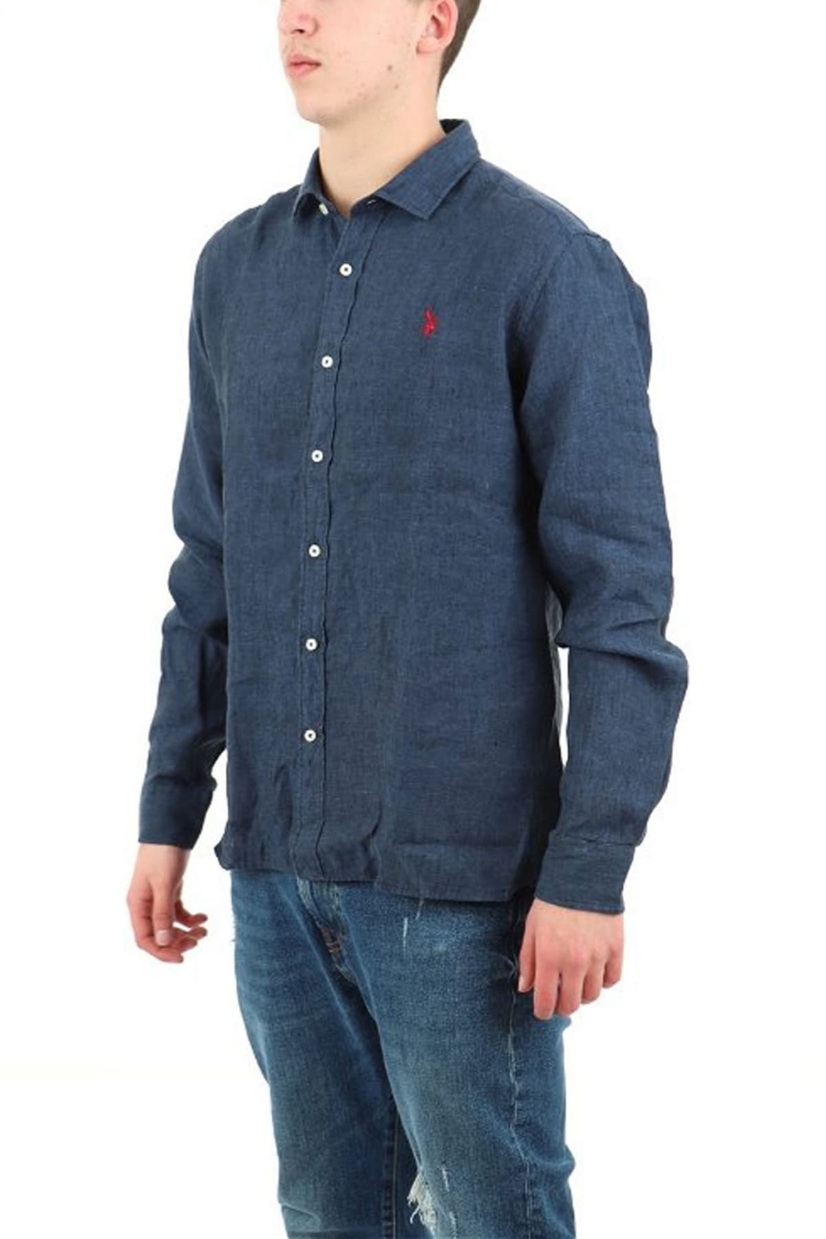 U.S. POLO ASSN ΠΟΥΚΑΜΙΣΟ ΛΙΝΟ SLIM FIT CALE ΜΠΛΕ