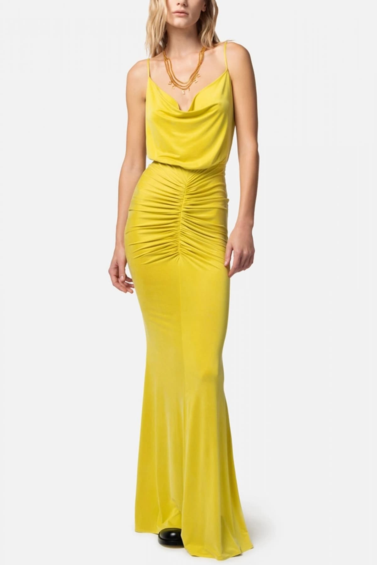 ELISABETTA FRANCHI RED CARPET ΦΟΡΕΜΑ ΜΑΧΙ ΝΤΡΑΠΕ ΑΝΟΙΧΤΗ ΠΛΑΤΗ ΑΛΥΣΙΔΑ LOGO ΠΡΑΣΙΝΟ