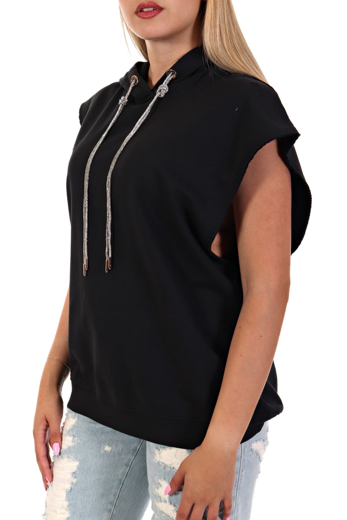 PINKO TOP HOODIE MINERVA MAGLIA FELPA LAVATA SILK ΚΟΡΔΟΝΙ ΣΤΡΑΣ ΜΑΥΡΟ