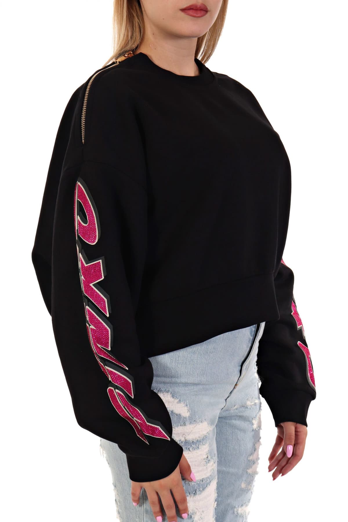 PINKO ΦΟΥΤΕΡ NAUSICAA MAGLIA FELPA GARZATΑ LOGO ΜΑΝΙΚΙ ΦΕΡΜΟΥΑΡ ΜΑΥΡΟ-ΦΟΥΞΙΑ