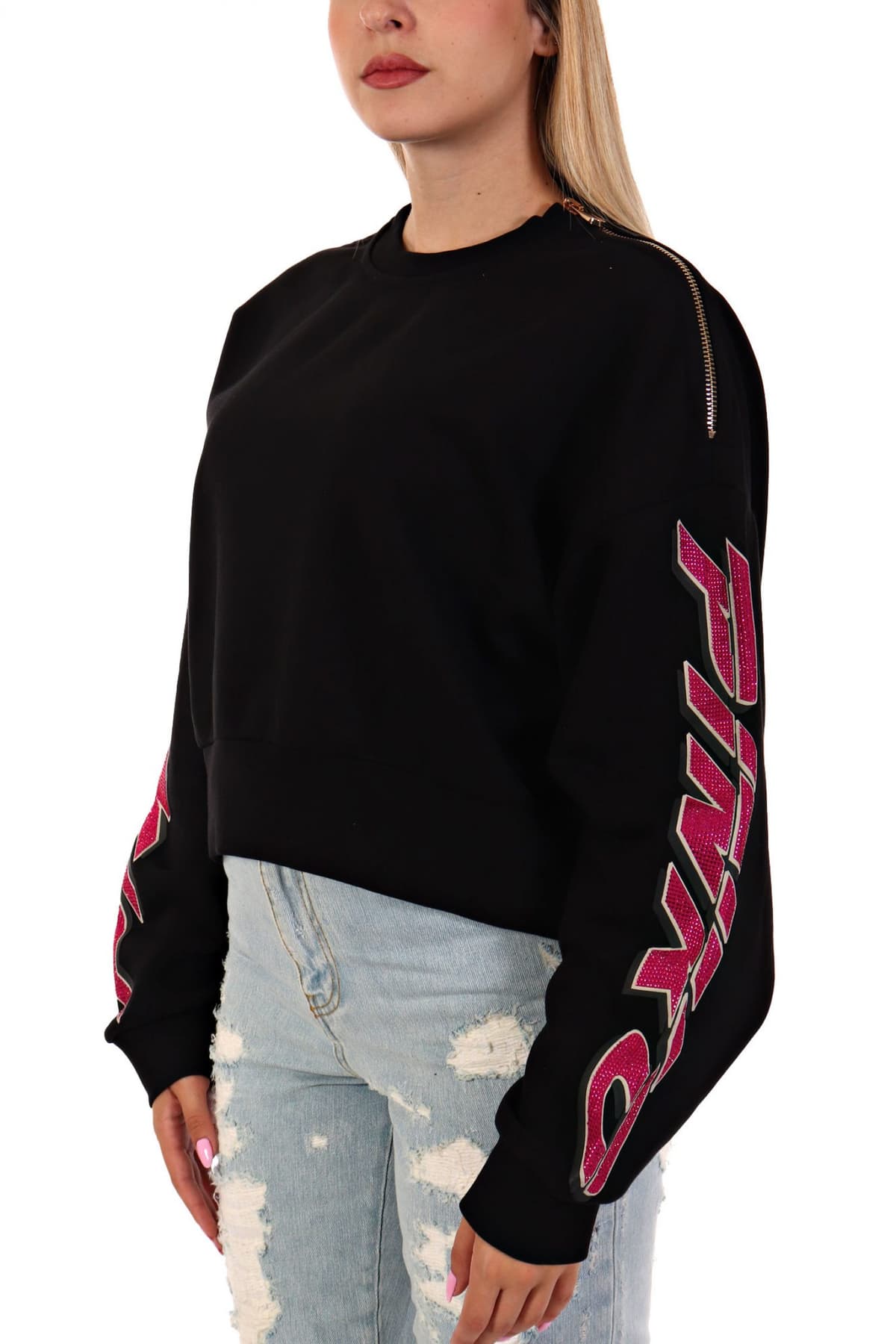 PINKO ΦΟΥΤΕΡ NAUSICAA MAGLIA FELPA GARZATΑ LOGO ΜΑΝΙΚΙ ΦΕΡΜΟΥΑΡ ΜΑΥΡΟ-ΦΟΥΞΙΑ