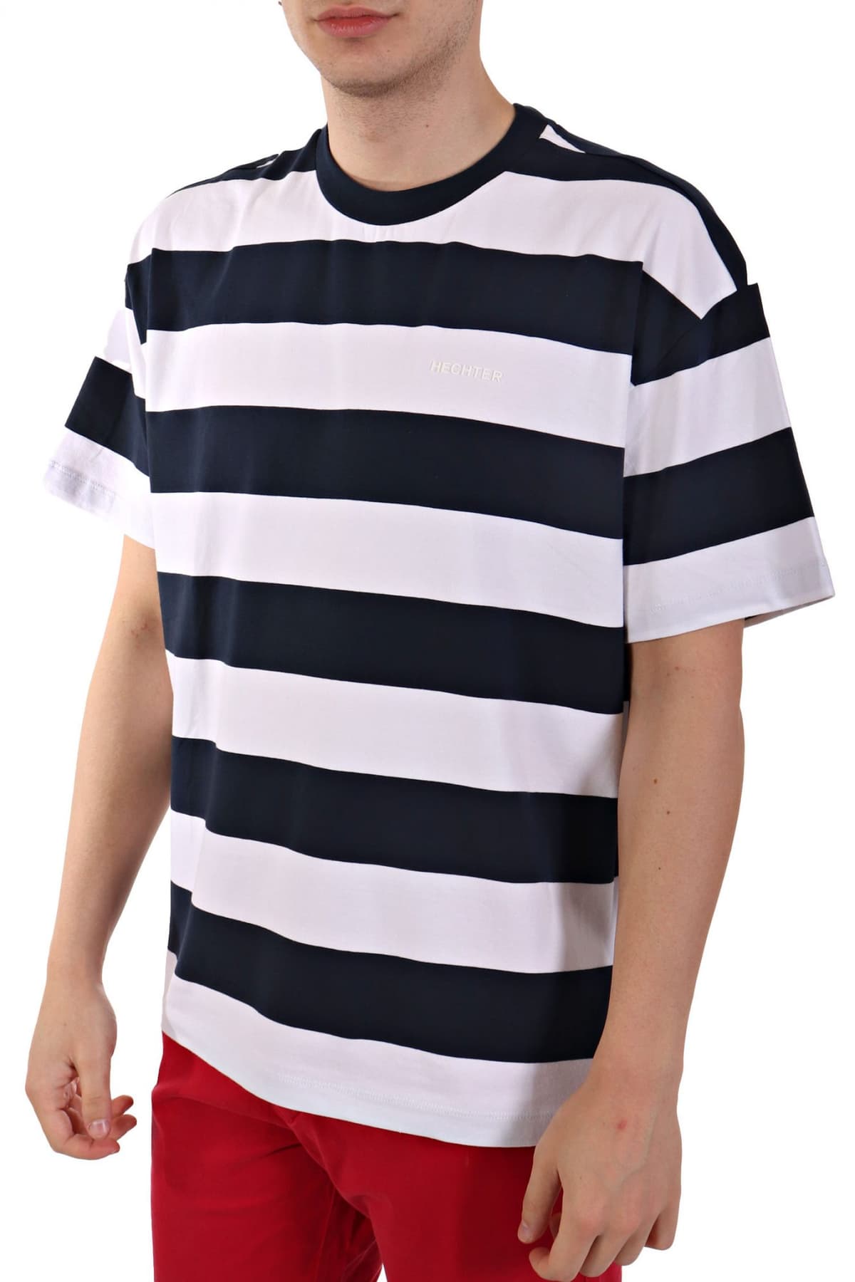 HECHTER T-SHIRT JERSEY ΡΙΓΕ LOGO ΜΠΛΕ-ΛΕΥΚΟ