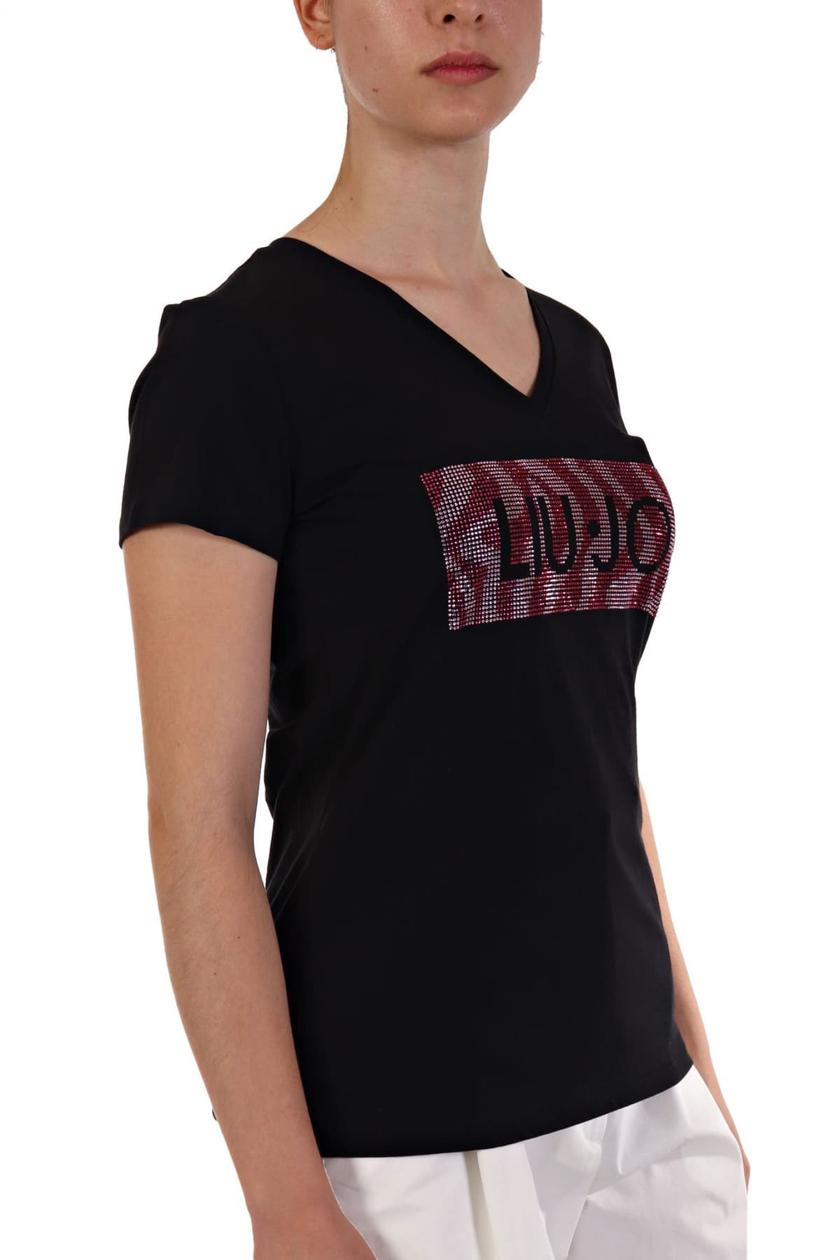LIU-JO T-SHIRT V-NECK LOGO ΣΤΡΑΣ ΜΑΥΡΟ