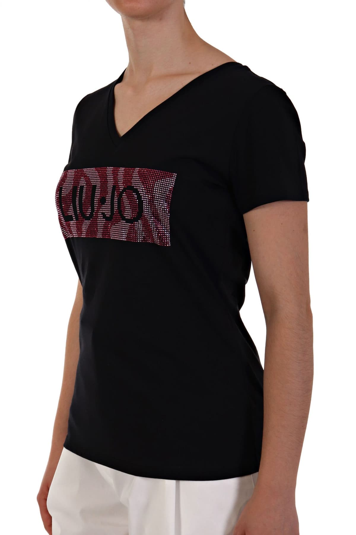 LIU-JO T-SHIRT V-NECK LOGO ΣΤΡΑΣ ΜΑΥΡΟ