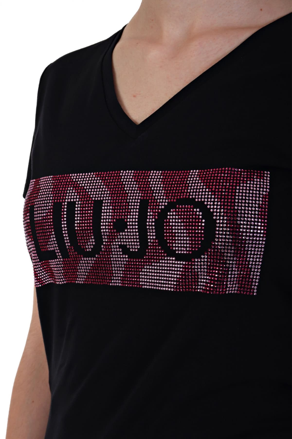 LIU-JO T-SHIRT V-NECK LOGO ΣΤΡΑΣ ΜΑΥΡΟ