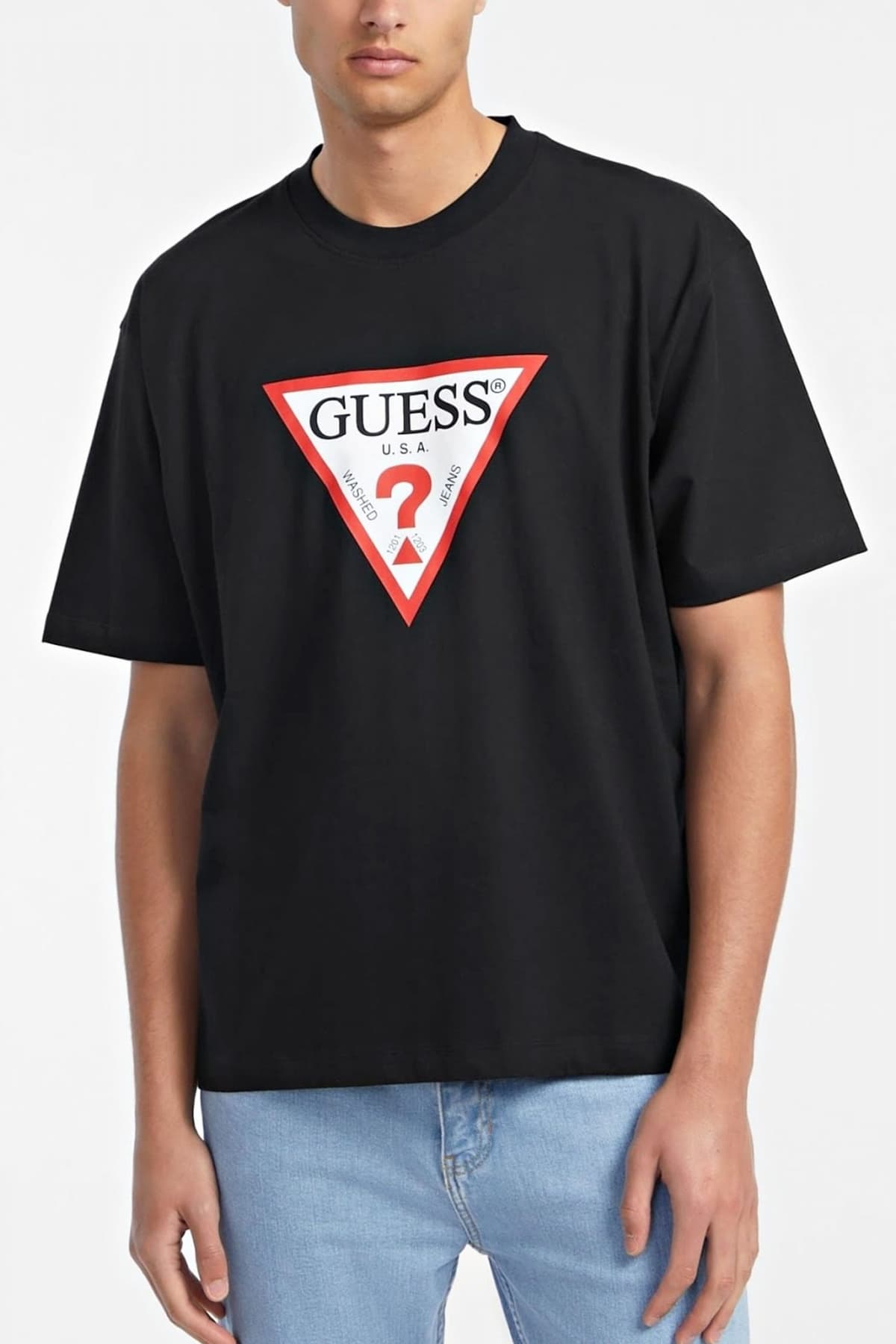 GUESS JEANS T-SHIRT CREWNECK OVERSIZED FIT LOGO ΜΑΥΡΟ