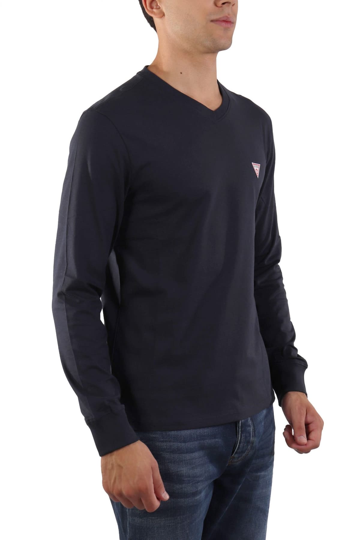 GUESS JEANS T-SHIRT VNECK SLIM FIT LOGO ΜΑΥΡΟ