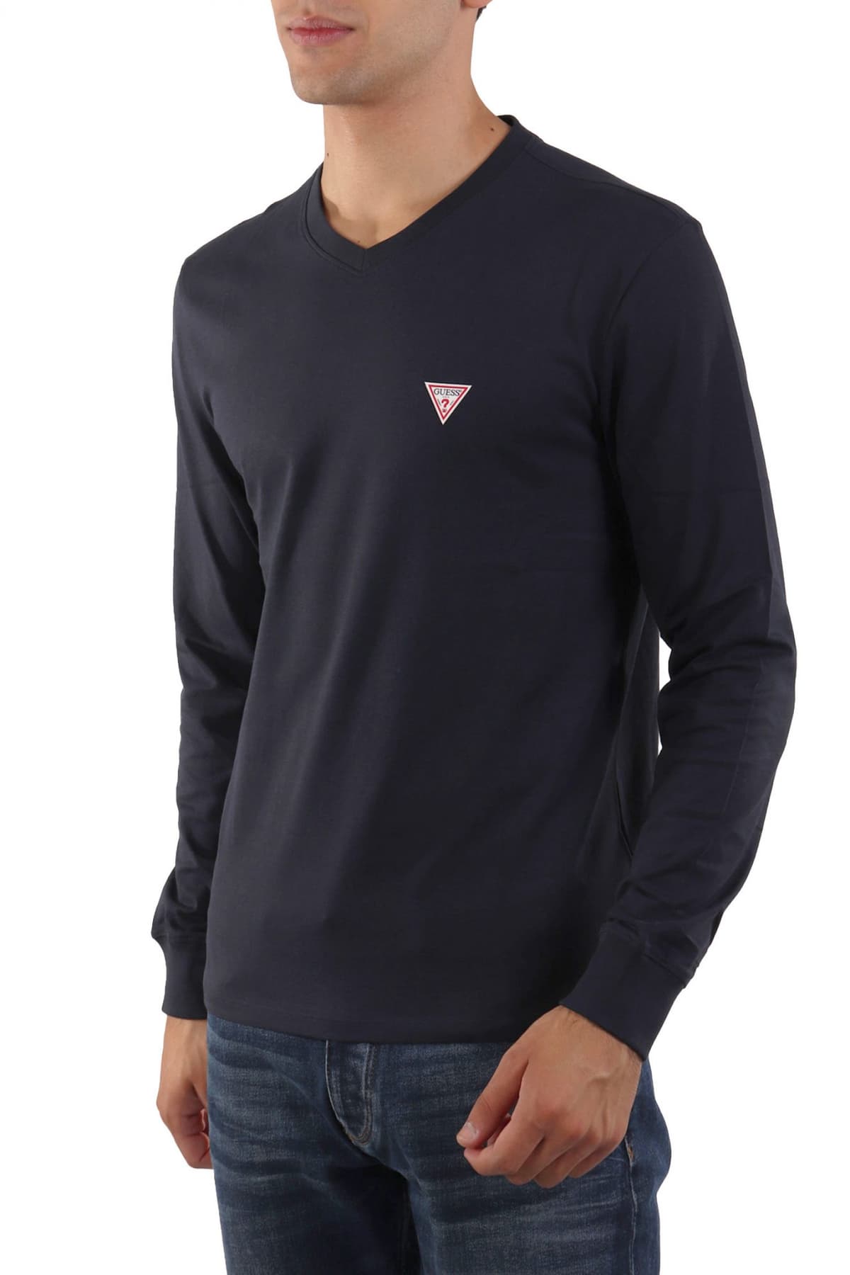 GUESS JEANS T-SHIRT VNECK SLIM FIT LOGO ΜΑΥΡΟ