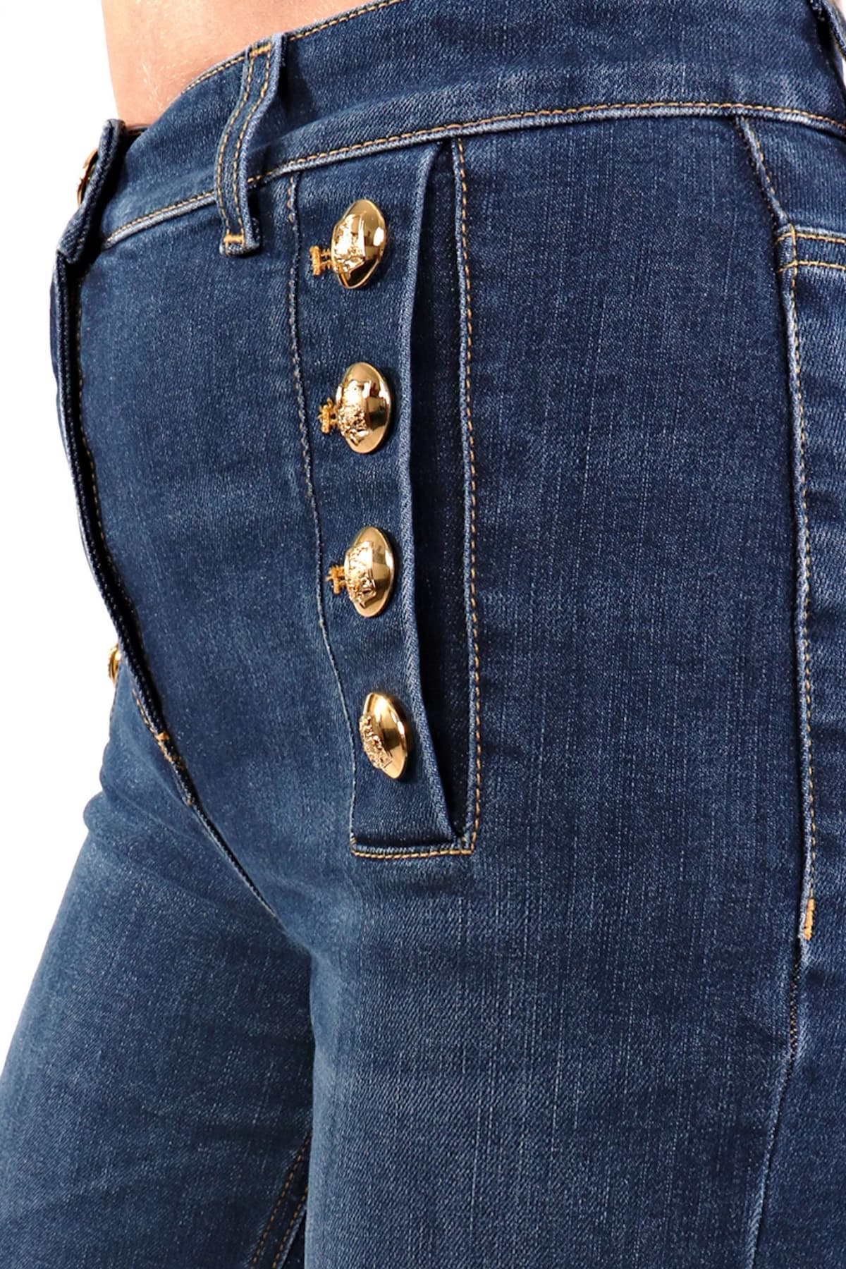 ELISABETTA FRANCHI ΠΑΝΤΕΛΟΝΙ JEANS FLARE ΨΗΛΟΜΕΣΟ ΚΟΥΜΠΙΑ ΧΡΥΣΑ ΤΣΕΠΕΣ ΜΠΛΕ