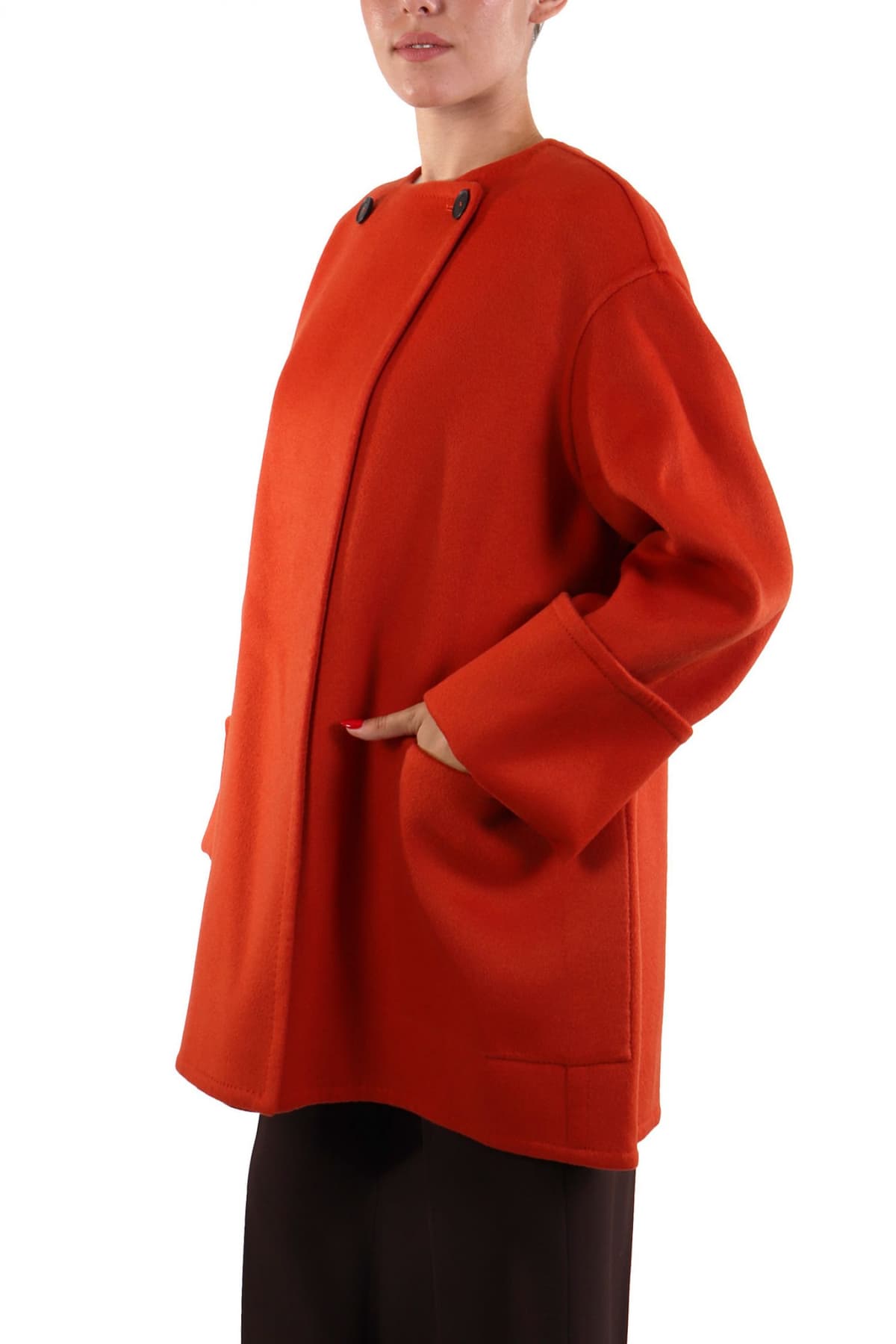 LIVIANA CONTI ΠΑΛΤΟ ΛΑΙΜΟΚΟΨΗ ΣΤΑΥΡΩΤΟ ΣΚΟΥΡΟ ΠΟΡΤΟΚΑΛΙ