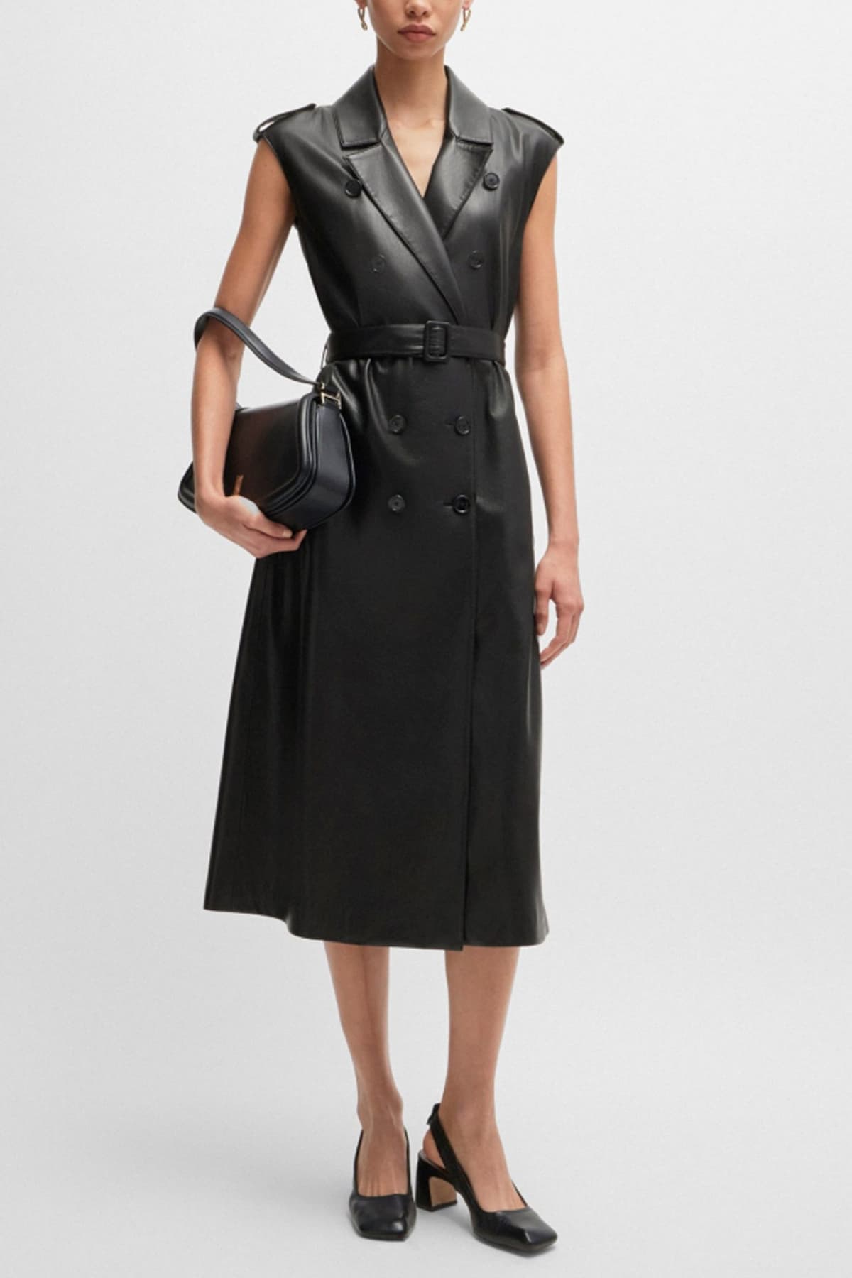 BOSS ΦΟΡΕΜΑ DUJETA ΑΜΑΝΙΚΟ ΓΙΑΚΑΣ ΠΕΤΟ ΣΤΑΥΡΩΤΟ ΖΩΝΗ FAUX LEATHER ΜΑΥΡΟ