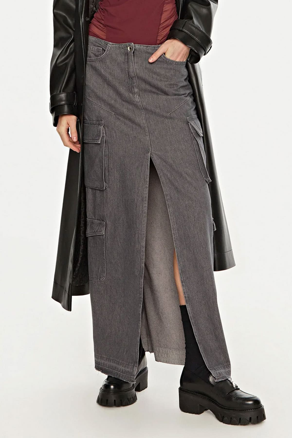 PATRIZIA PEPE ΦΟΥΣΤΑ JEANS CARGO ΜΑΞΙ ΣΚΙΣΙΜΟ ΕΜΠΡΟΣ ΓΚΡΙ