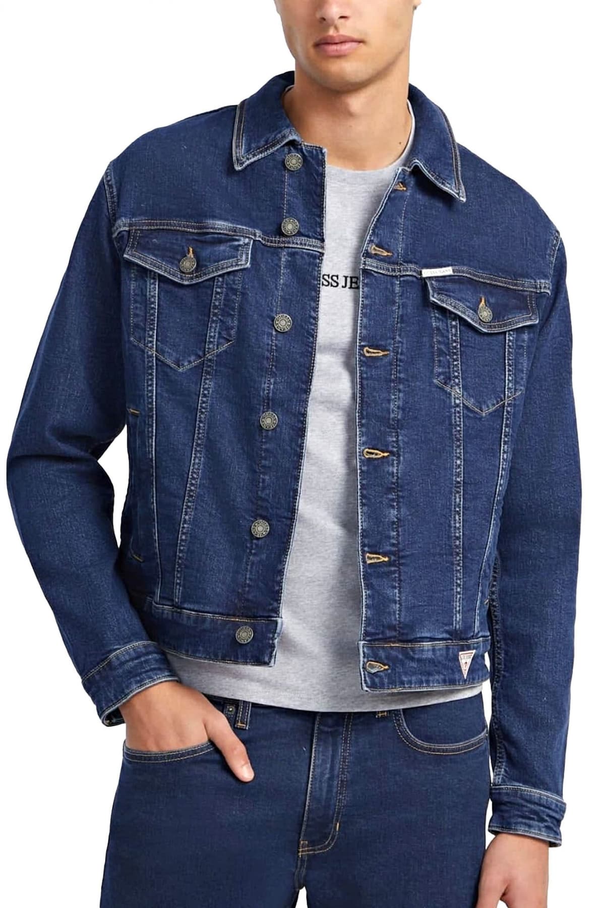 GUESS JEANS ΜΠΟΥΦΑΝ JACKET JEANS REGULAR FIT ΣΚΟΥΡΟ ΜΠΛΕ