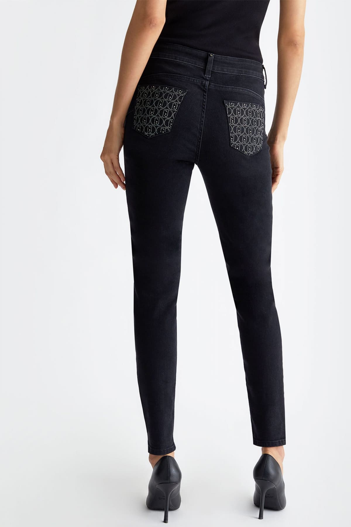 LIU JO ΠΑΝΤΕΛΟΝΙ JEANS ΠΕΝΤΑΤΣΕΠΟ ΨΗΛΟΜΕΣΟ SLIM FIT STRASS ΤΣΕΠΗ ΜΑΥΡΟ