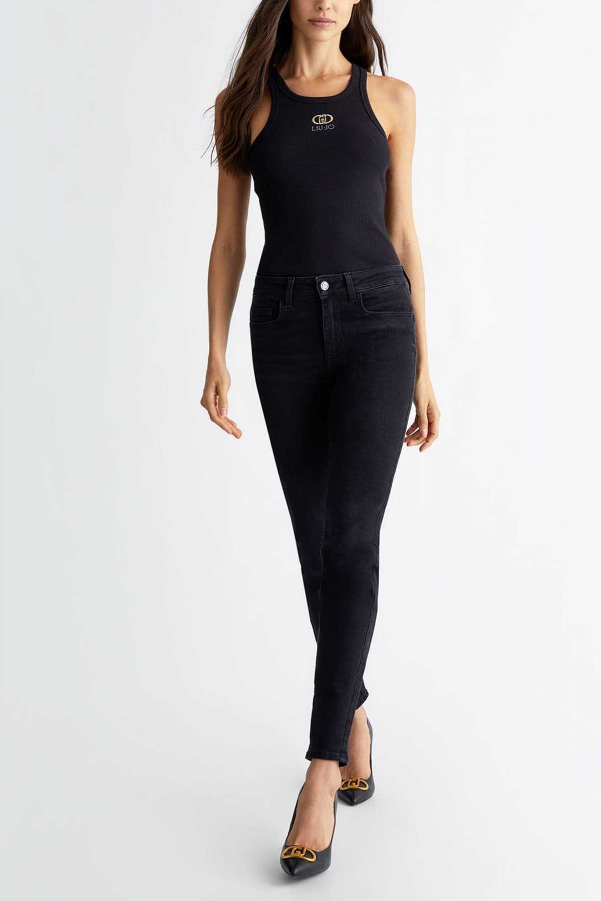 LIU JO ΠΑΝΤΕΛΟΝΙ JEANS ΠΕΝΤΑΤΣΕΠΟ ΨΗΛΟΜΕΣΟ SLIM FIT STRASS ΤΣΕΠΗ ΜΑΥΡΟ