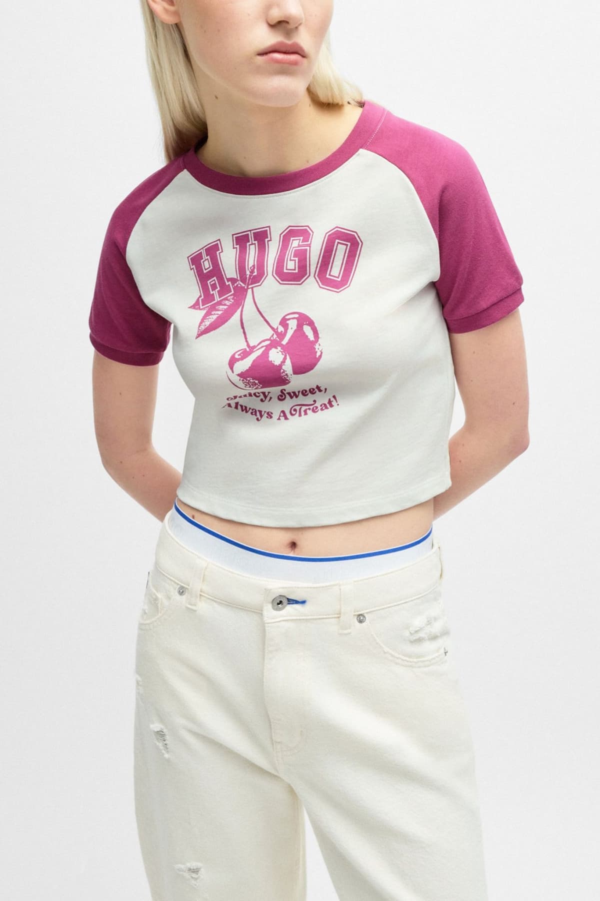 HUGO BLUE T-SHIRT CROP LOGO PRINT ΣΑΠΙΟ ΡΟΖ / ΕΚΡΟΥ