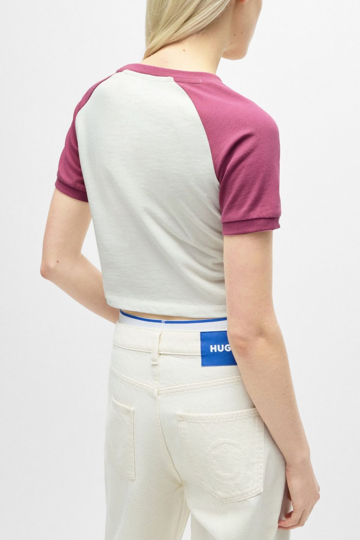 HUGO BLUE T-SHIRT CROP LOGO PRINT ΣΑΠΙΟ ΡΟΖ / ΕΚΡΟΥ