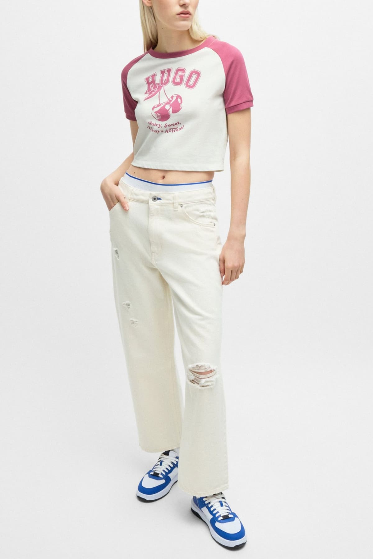 HUGO BLUE T-SHIRT CROP LOGO PRINT ΣΑΠΙΟ ΡΟΖ / ΕΚΡΟΥ