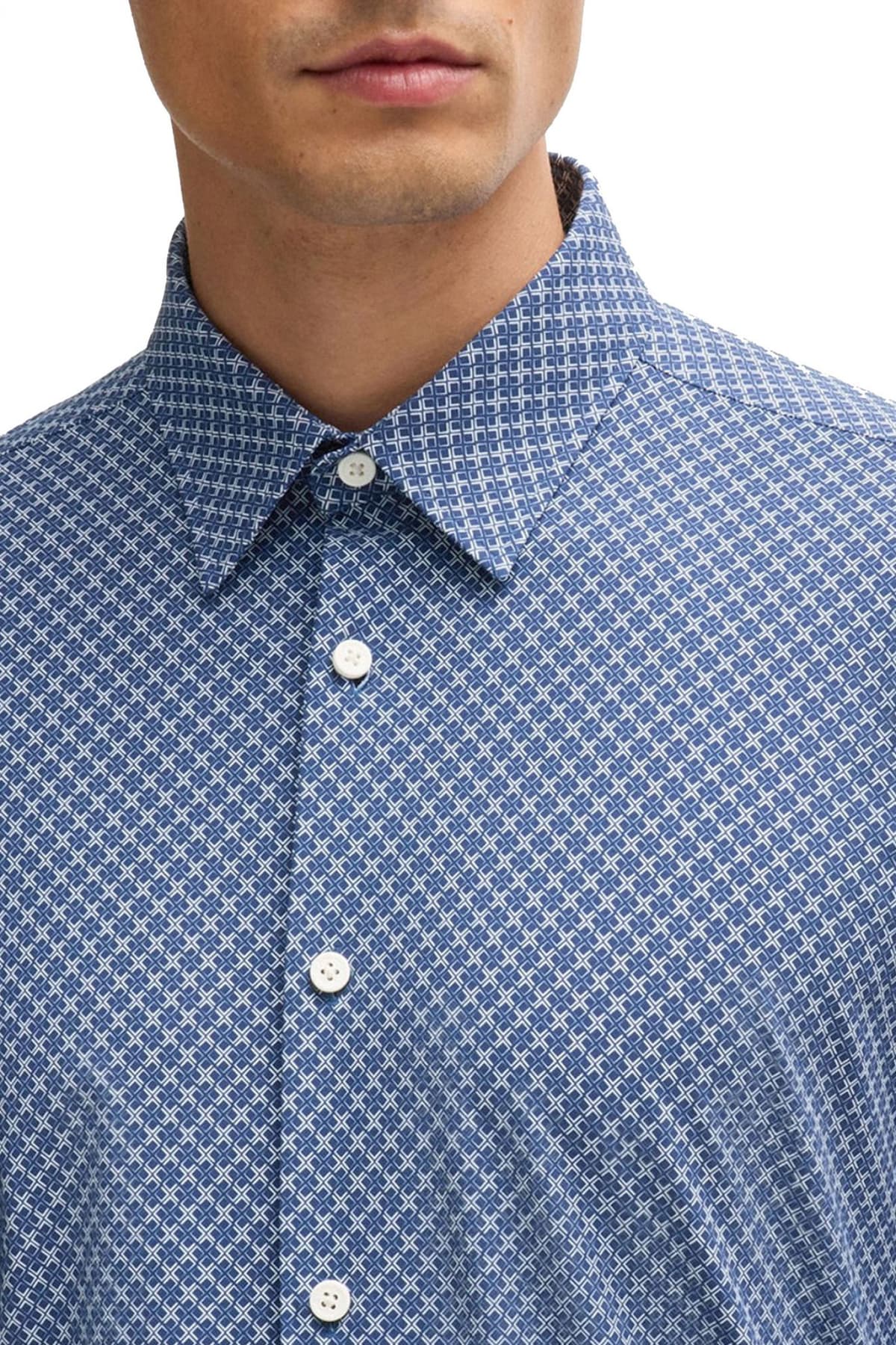 BOSS ΠΟΥΚΑΜΙΣΟ ΜΙΚΡΟΣΧΕΔΙΟ SLIM FIT P-ROAN-KENT-C1-233 ΜΠΛΕ