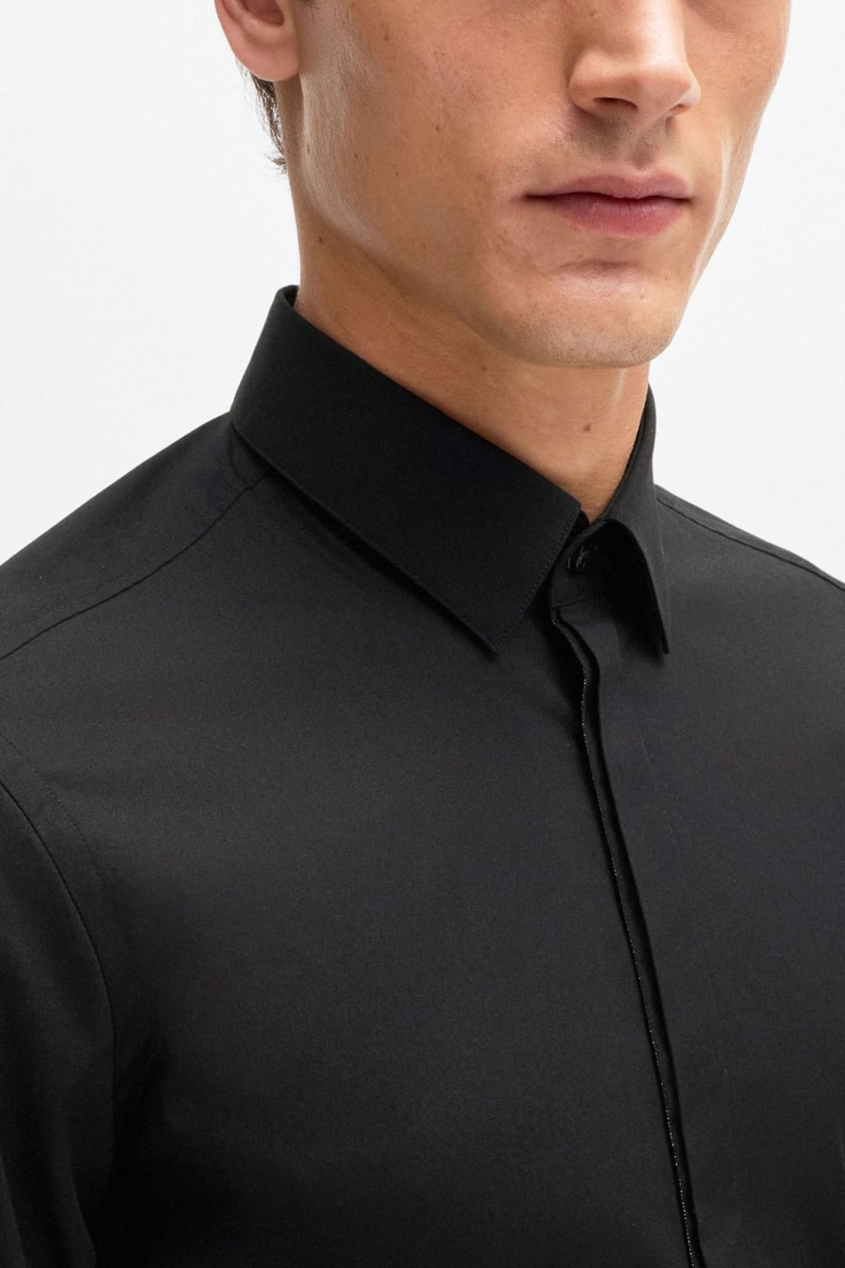 BOSS ΠΟΥΚΑΜΙΣΟ SLIM FIT EASY IRON H-HANK-PARTY2-221 ΜΑΥΡΟ