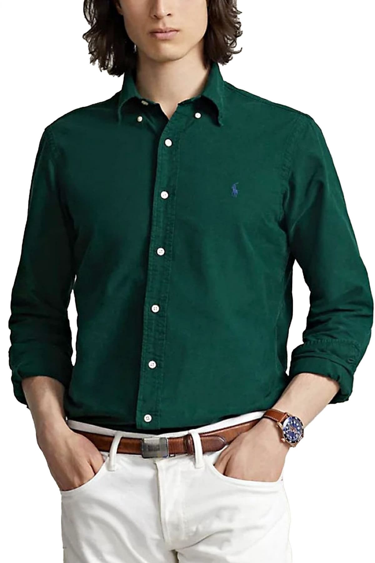 RALPH LAUREN ΠΟΥΚΑΜΙΣΟ BUTTON DOWN CUSTOM FIT LOGO ΠΡΑΣΙΝΟ