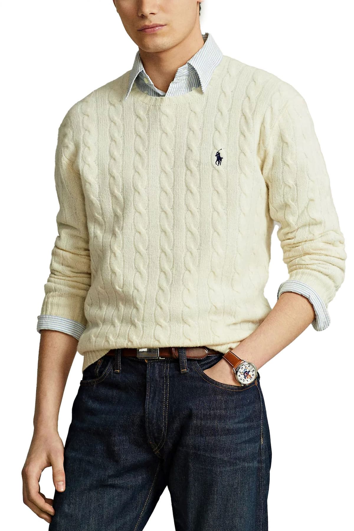 RALPH LAUREN ΠΛΕΚΤΟ CREW NECK CABLE LOGO ΕΚΡΟΥ