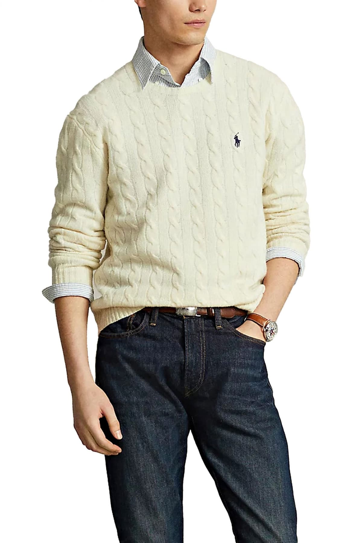 RALPH LAUREN ΠΛΕΚΤΟ CREW NECK CABLE LOGO ΕΚΡΟΥ