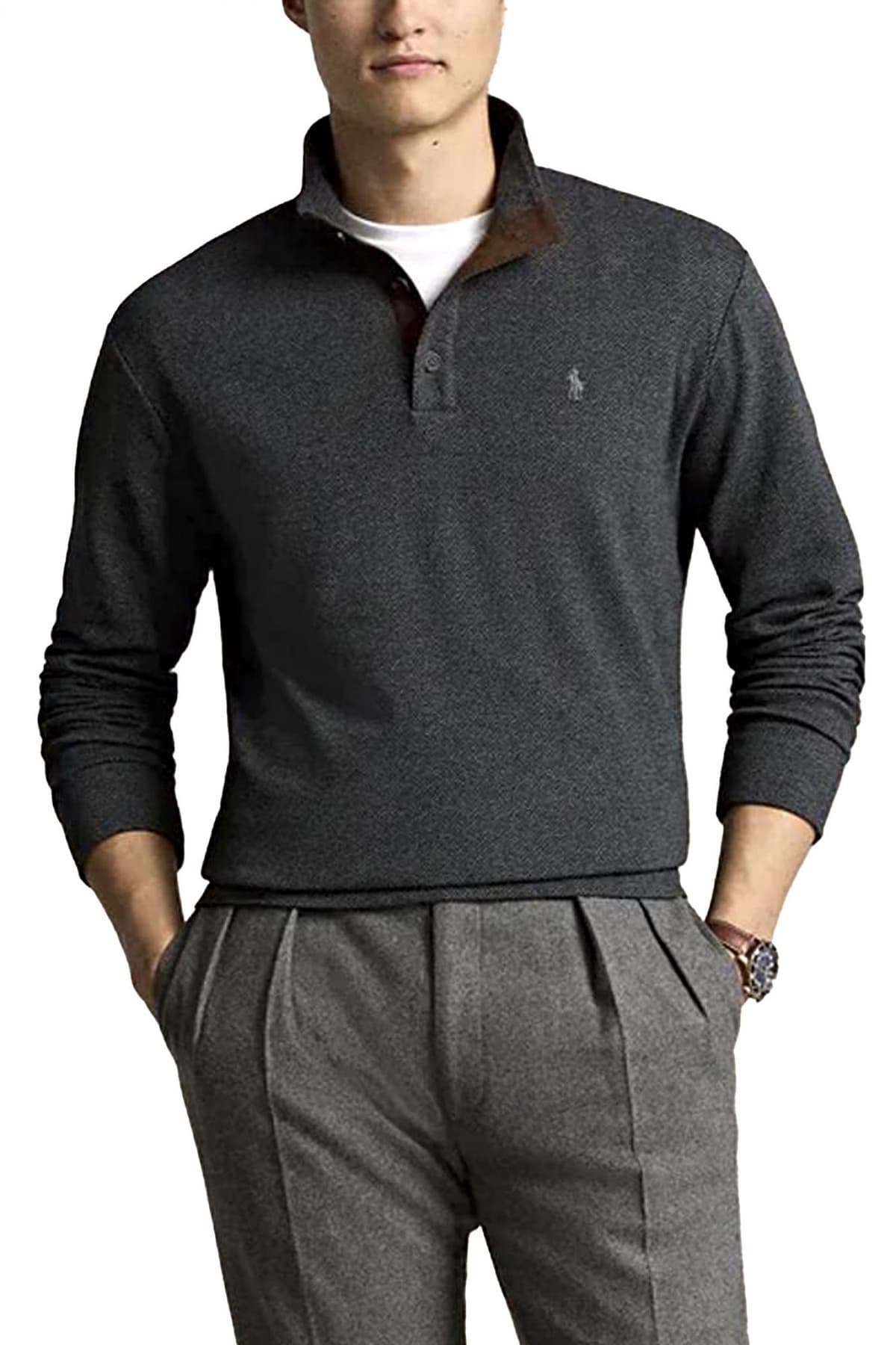 RALPH LAUREN ΠΛΕΚΤΟ HALFBUTTON FISHBONE LOGO ΓΚΡΙ